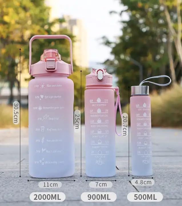 Miniatura 5 de 3 en 1 Set 2L 900ML 300ML Galón Botella De Agua Libre de Bpa Plástico Gimnasio Deportes Motivacional Botol Minum Botella de agua con marcador de