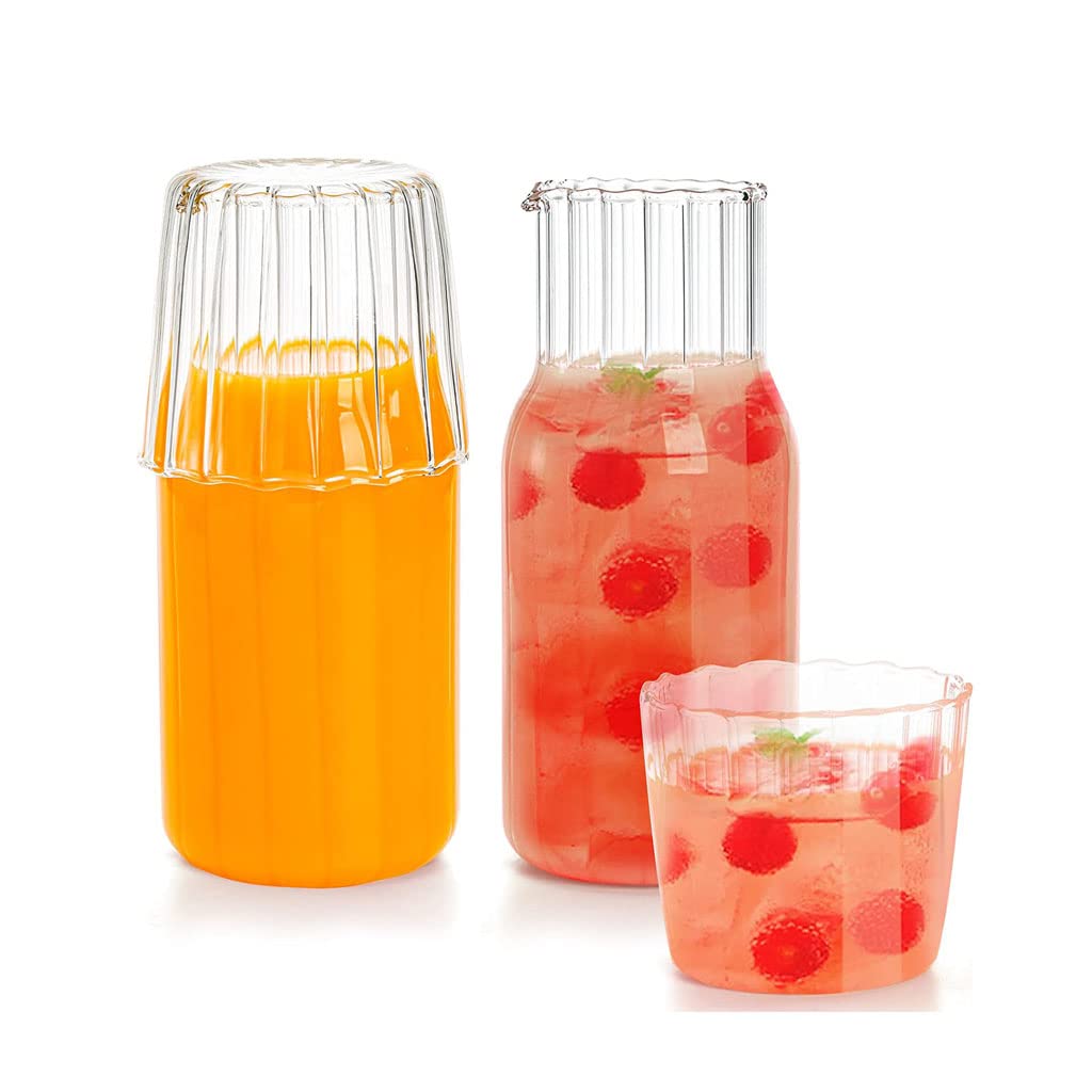 HASMI Jarra de Agua Junto a la Cama Jarra de Agua de Noche de Cristal a Rayas con Vaso, Jarra de Agua de Cristal y Juego de Cristal, Jarra de Jugo Transparente para Cocina y baño