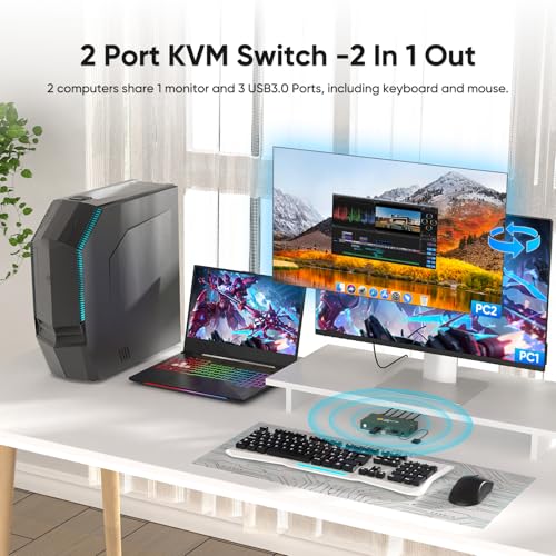 Image of 8K HDMI KVM Switch 2 Computers 1 Monitor,USB3.0 8K@60HZ 2 Port kvm Switcher for 2 PC /Laptop to Share Keyboard&Mouse,Remoto Control,EDID Supported