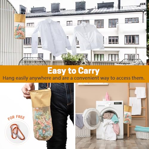 GNEGNI LIFE Pegs Bag, Mesh Large-Capacity Clothes Pegs Bag with Hook Drawstring Hanging Clothespin Bag Portable Resistant Clothes Pegs Holder Bag for Storing Clothes Peg, Socks and Toys (Khaki) - Image 5