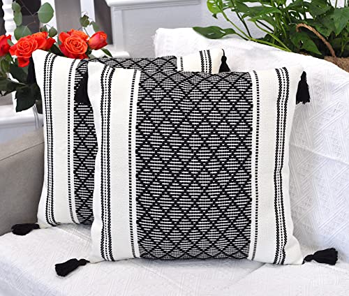 Decorative Boho Throw Pillow Covers With Tassels Black And White 20X20 Inch -Set Of 2/ Designer Square Cushion Covers For Sofa/Farmhouse Woven Pillow Cases/Accent Cushion Covers #TOP5