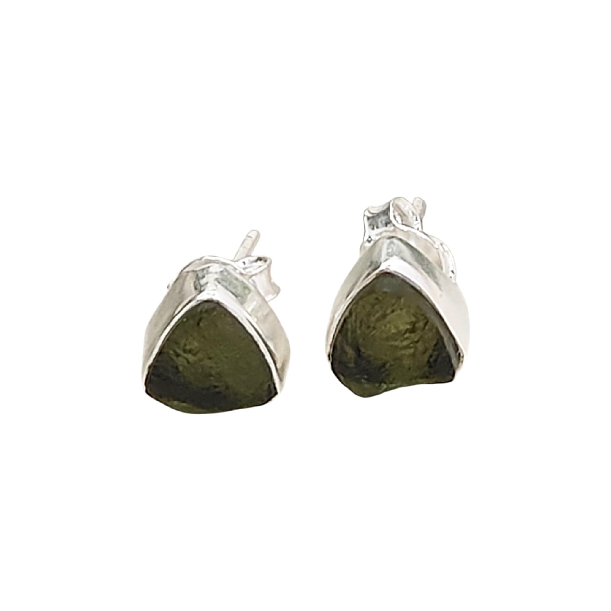 Handmade Sterling Silver Raw Moldavite Trillion Stud Earrings Natural Green Tektite Gemstone, Elegant Minimalist Jewelry for Women Gift for Birthday or Special Occasion-Selling Per Pair