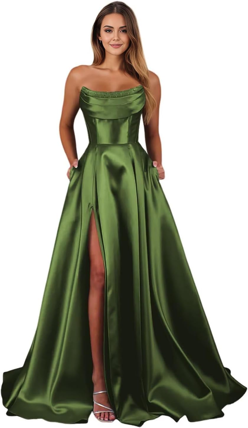 Strapless Satin Prom Dresses for Women with Slit Cowl Neck Corset Formal Dresses A Line Long Ball Gowns with Pockets
