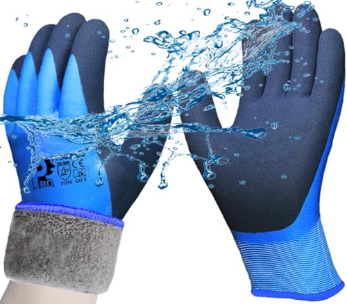 PROGANDA Waterproof Thermal Winter Work Gloves Fleece Liner Insulated Warm for Outdoor Cold Weather Car Washing Gardening Fishing Multipurpose (Blue -Grip Waterproof Thermal