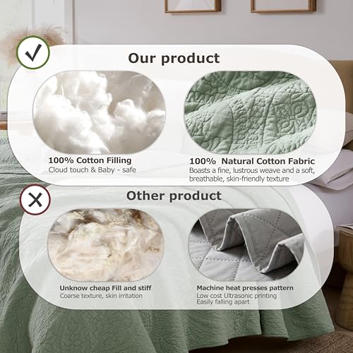 Image of PALASSIO Sage Green Paisley 100% Cotton Quilt Queen Size Bedding Set with 2 Pillow Shams, Boho Floral Lightweight Farmhouse Country Vintage Soft Bedspread Shabby Chic Coverlet for All Season, 3 Pieces