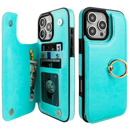 Étui iPhone 16 Pro Max anti-choc avec béquille anneau 360 et blocage RFID bleu clair