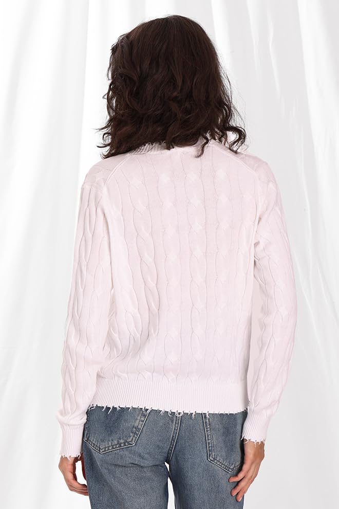 Image of Minnie Rose Women's Long Sleeve V Neck Cotton Frayed Cardigan Sweater