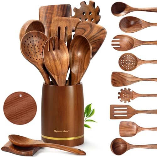 Spardar Küchenutensilien aus Holz 12 Teiliges Set aus Holzlöffeln mit 9 Kochlöffeln aus Teakholz Löffelablage Topflappen 3 3 Zoll-Utensilienhalter als Küchendekoration und Einweihungsgeschenk