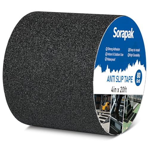 Black Anti Slip Tape 4in x 20ft, 80 Grit Waterproof Non Skid Grip Tape Roll for Ramps, Decks, Boat Decks, Warehouse Floors, Garages, Indoor &amp; Outdoor Use