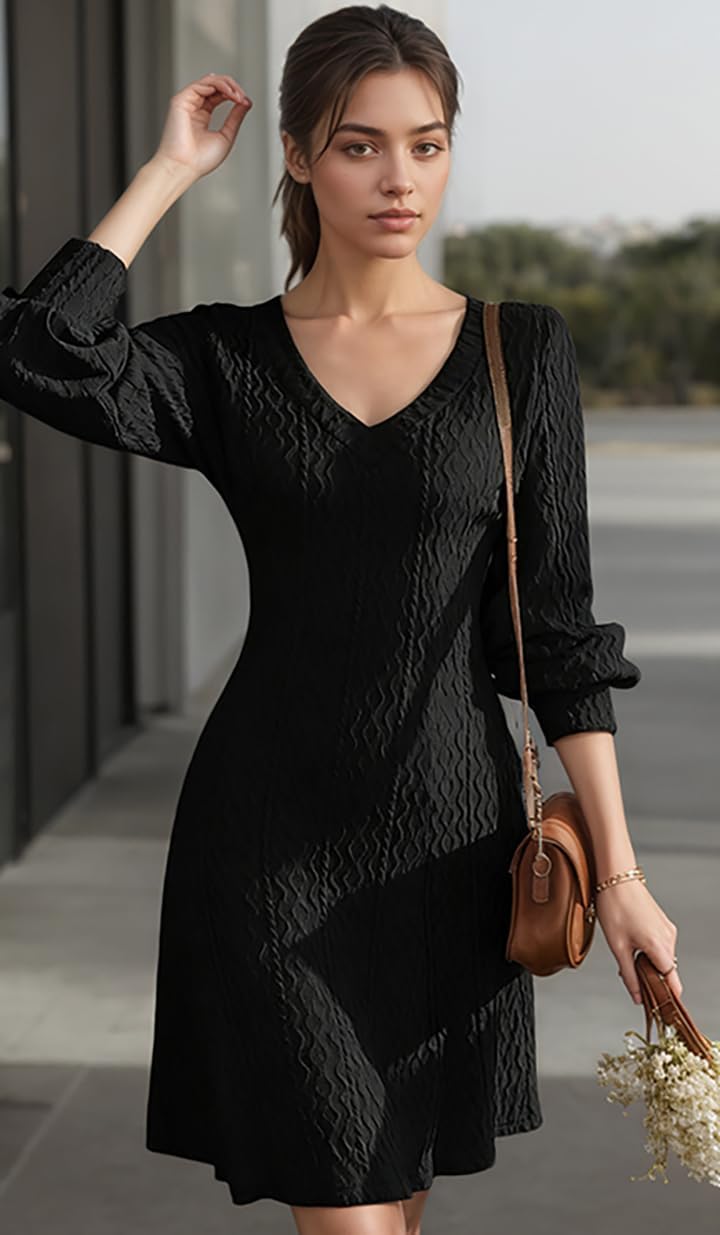 Women's Fall Knit Dress with V-Neck, Long Sleeve Sweater Dress for Wedding Guest or Cocktail Party - Image 3