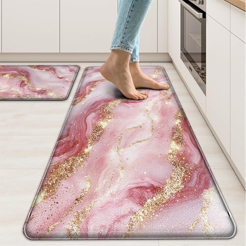 Gold Pink Kitchen Mats for Floor 2 Pcs Modern Marble Anti Fatigue Mats for Kitchen Floor Mat PVC Non Slip Waterproof Kitchen Rugs for Kitchen Floor Sink Office Laundry 17.3"X28"+17.3"X47" Pi