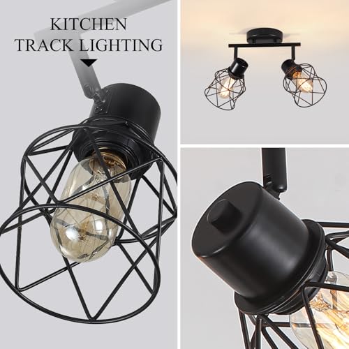 Image of 2 Lights Adjustable Multi-Directional Black Light Fixtures, Semi Flush Mount Ceiling Light, Kitchen Light Fixtures Ceiling Mount, Geometric Metal Cage Industrial Spotlight Fixtures for Dining Room