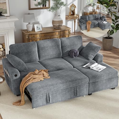 Image of Hanherry 81 inch Sectional Couch with Pull Out Sofa Bed,Corduroy Sleeper Sofa with Storage Ottoman & USB Charging,Comfy L Shaped Modular Couches for Living Room,Apartment