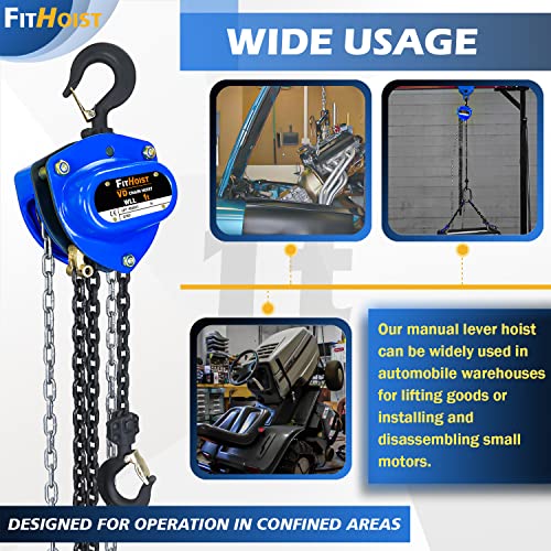 Fithoist Hand Chain Hoist 1Ton | Chain Fall 2200Lbs Capacity | Manual Chain Hoist 10Ft | Chain Block Hoist With 2 Heavy Duty Hooks | Heavy Duty Pulley Hoist For Garages Warehouse Automotive Machinery #TOP6