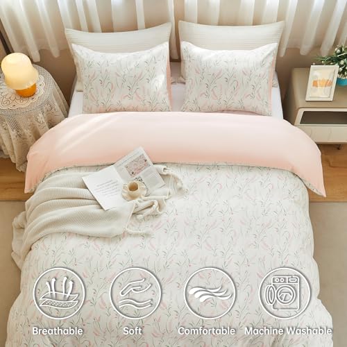 Image of BOLINLIVING Pink Floral Duvet Cover Queen Size, Reversible Botanical Spring Duvet Cover Set with 2 Pillowcases, Breathable Soft Microfiber Bedding Set for All Season with Zipper Closure