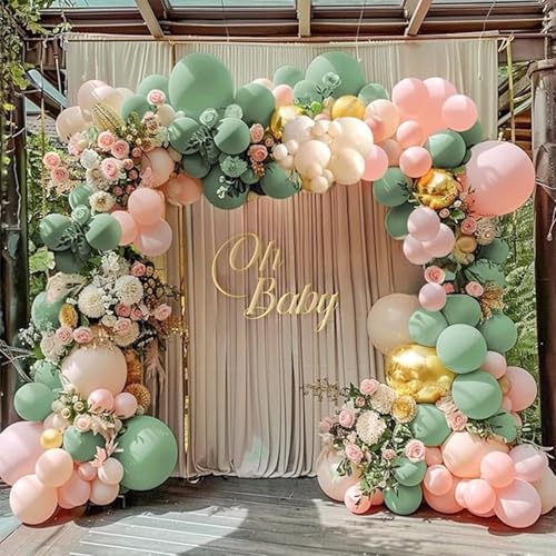 Image of PartyWoo Pink and Green Balloon Arch Kit Garland 140pcs Different Sizes of 18 12 10 5 Inch Metallic Gold Baby Pink Sage Green Sand White Nude Gold Confetti Balloons for Birthday Party Decorations