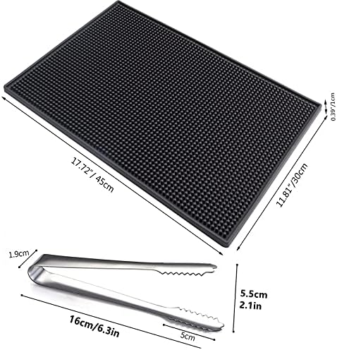 Bar Mat, Non Slip Rubber Bar Service Mat 12 * 18 Inch Durable Heat-Resistant Spill Mat For Beer Whiskey Glass Coffee Home Kitchen Restaurant Countertops Wine Tea Coaster With 1 Ice Clip.