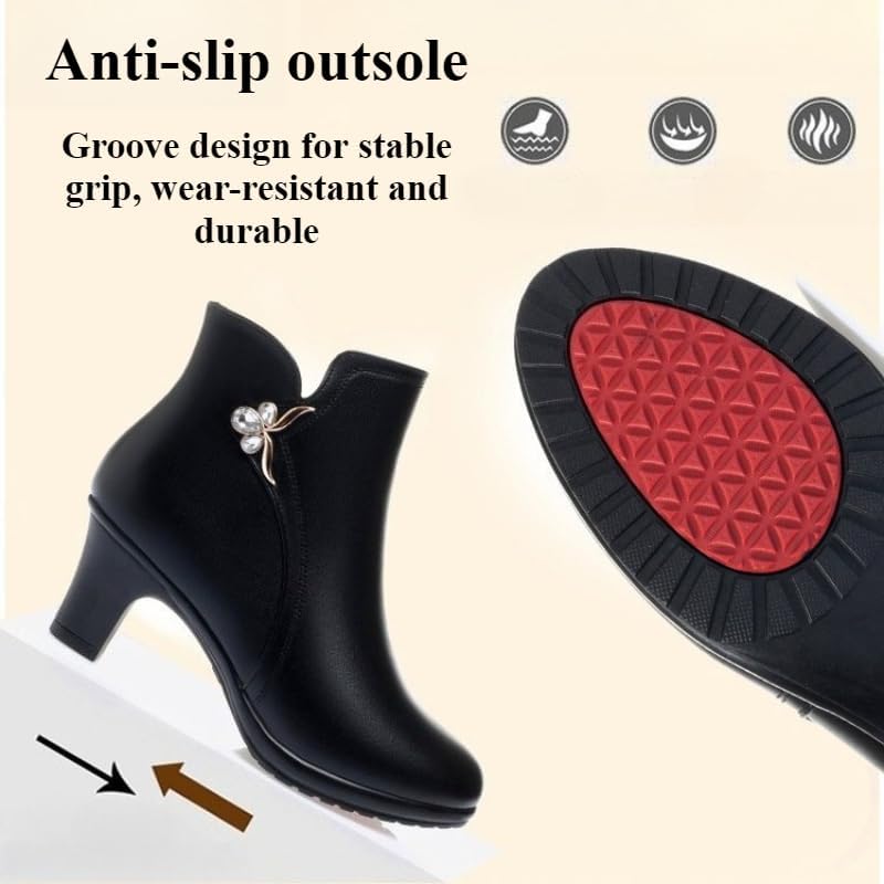 Women's Mid Block Heel Ankle Boots Fashion Rhinestones Buckle Decor Comfort Warm Fur Lined Chunky Heels Snow Boots with Side Zipper - Image 6