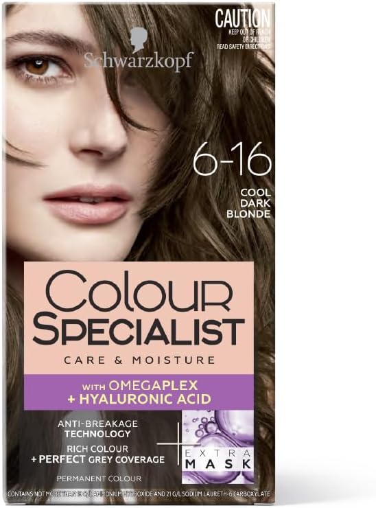 Schwarzkopf Colour Specialist At Home Permanent Hair Colour With Omegaplex Anti-Breakage Technology And Hyaluronic Acid With 2 After Repair Masks For Softer Hair, 6.16 Cool Dark Blonde 165ml