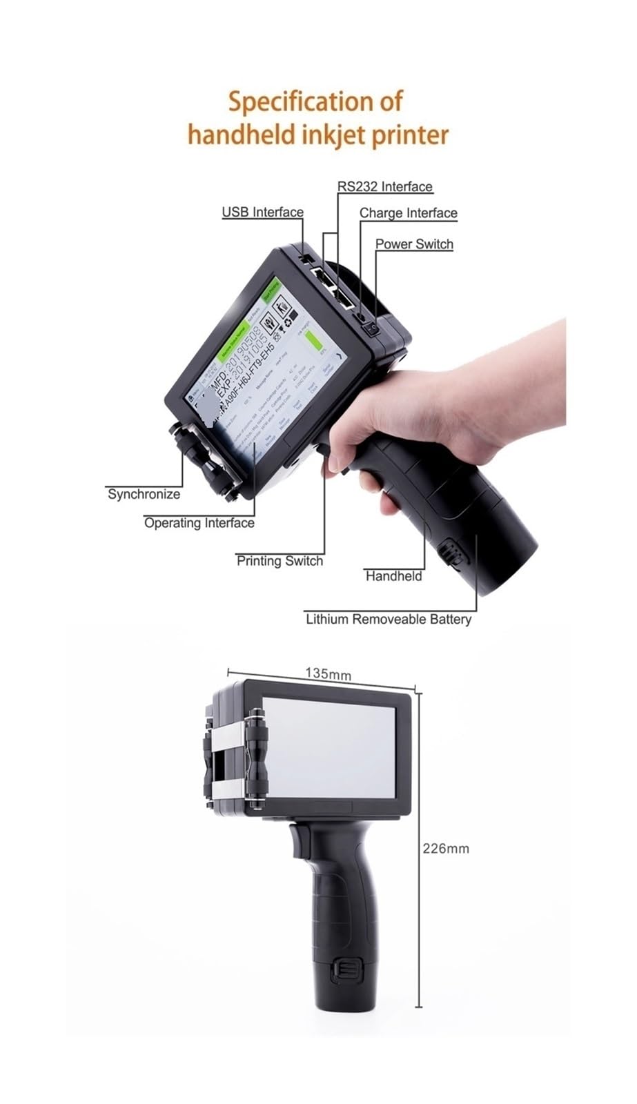 Imprimante Portable, Imprimante à Jet d'encre Portable, codeur de Codes-Barres QR numéro lot, séchage Rapide Permanent(Spanish with 1 Ink)