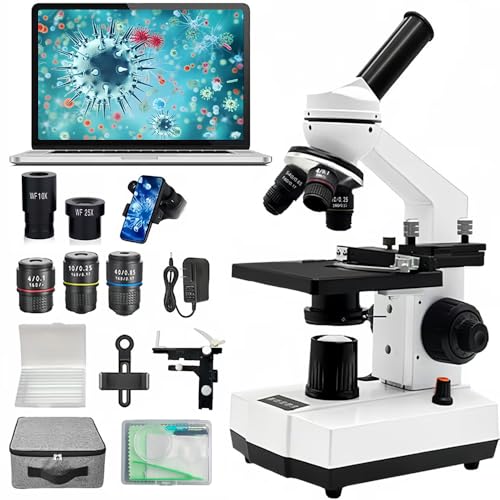 Upgraded 40X-1000X Professional Optical Composite Microscope with Abe Spotlight and Cursor Caliper,Coaxial Bi-Focus, WF10 and WF25X Eyepieces for Education, Student Experiment, Gift