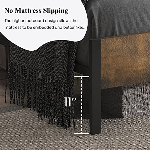 Sha Cerlin Queen Size Metal Platform Bed Frame With Wooden Headboard And Footboard/Rustic Mattress Foundation/No Box Spring Needed/Non-Slip Without Noise/Black&Brown #TOP4