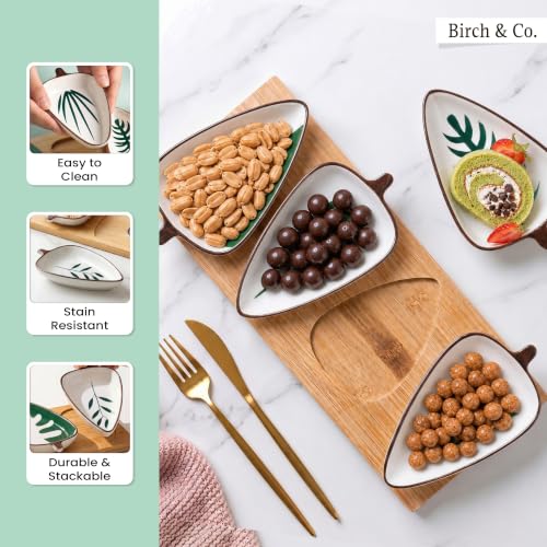 Image of Birch & Co. Ceramic Leaf Serving Platter Set with Wooden Tray - Set of 4 Leaf-Shaped Snack Plates - Serving Tray for Dry Fruits, Sweets, Snacks, Decorative Tableware for Home & Parties, Green