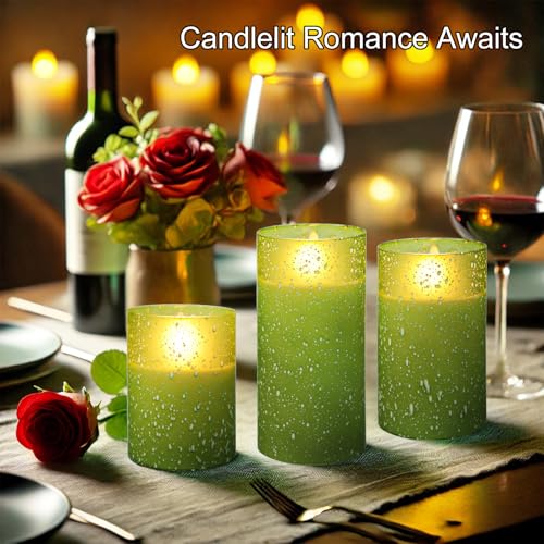 Image of Green Flameless Candles with Remote, LED Flickering Battery Operated Pillar Candles with Time, Safe for Home Decor, 3 Sizes (3x4, 3x5, 3x6), No Flame, Ideal for Parties and Events