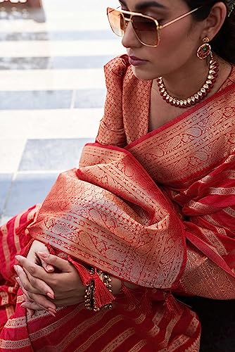 Image of Vardha Women's Banarasi Georgette Saree with Unstitched Blouse Piece - Gold Zari Woven Work Sarees for Wedding (Vritika)