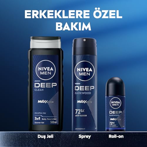 NIVEA MEN Erkek Deep Darkwood Banyo ve Duş Jeli 500 ml,Derinlemesine Temizlik,Bakımlı Cilt,Vücut,Yüz ve Saç İçin,Ferah Koku,Aktif Karbon