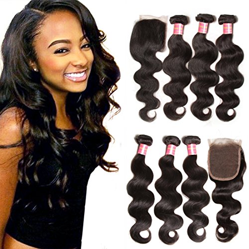 Jolia Hair 8A Grade Virgin Brazilian Body Wave 3 Bundles with 4x4 Free Part Lace Closure 100% Unprocessed Brazilian Human Hair Weave Extensions(14 16 18 + 12 closure)