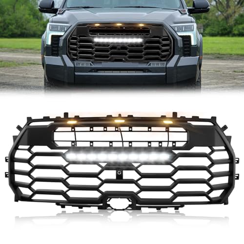 VIGMOTIX Upgraded Matte Black Front Grille for 2022-2025 Tundra with 3 Amber Grill Lights + White LED Light Bar Tundra Grille Front Upper Hollow Bumper Grill