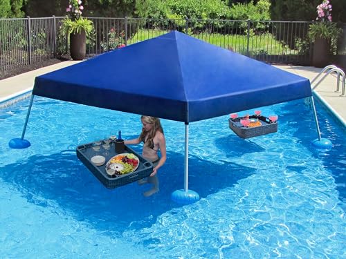 Sunjoy Floating Pool Canopy with Add-on Wicker Floating Tray 24x24 in & 36x24 in, Navy
