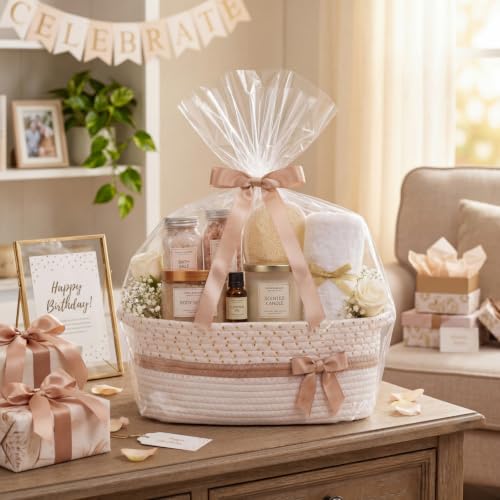 Image of Colingmill 1 Set Woven Basket for Gift Empty with Cellophane Wrap Set 14 x 10 x 5.5 Inch, Medium Decorative Gift Basket Empty to Fill, Cotton Rope Storage Box Decor (White Gold)