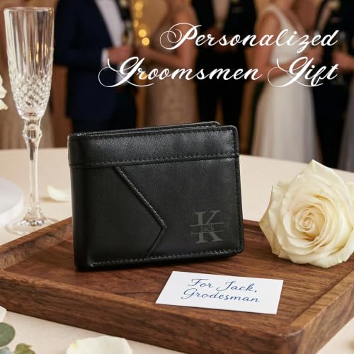 Image of Personalized Leather Wallet for Men, Engraved Wallet for Groomsmen Gifts, Best Man Gift, RFID Blocking Bifold Thin Wallet, Wedding Party & Birthday Gift for Dad Husband (Classic Black)