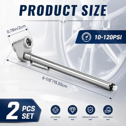 Image of BBTO 2 Pcs 10-120 Psi Low Pressure Tire Gauges Pencil Tire Gauges | Stainless Steel, Tire Gauges for Tire Pressure, Reverse Osmosis Tank, Garden Tractors, Golf Carts, Atv, Sports Equipment