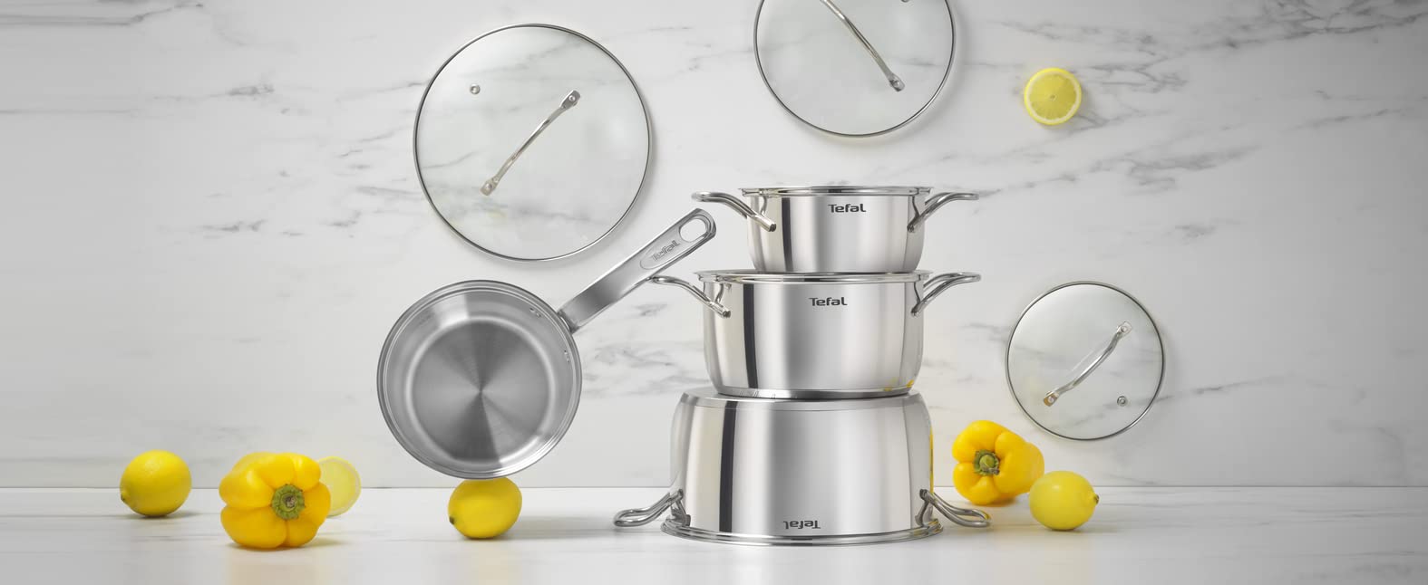 Tefal Intuition 4-teiliges Kochset, Stielkasserolle 16 cm, Kochtöpfe 16/20/24 cm, 5 Jahre Garantie, Premium Edelstahl 18/10, Maßteilung, Glasdeckel, Induktionsgeeignet, Kochen, Schmoren B864S734