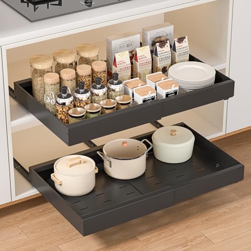 PNNP Cassetto Estraibile Cucina: Cassetti Telescopico Armadio - Cestelli Estraibili per Cucina a Larghezza Regolabile (32-53 cm L x 43 cm P x 7 cm A) - Nessuna Foratura | Nero