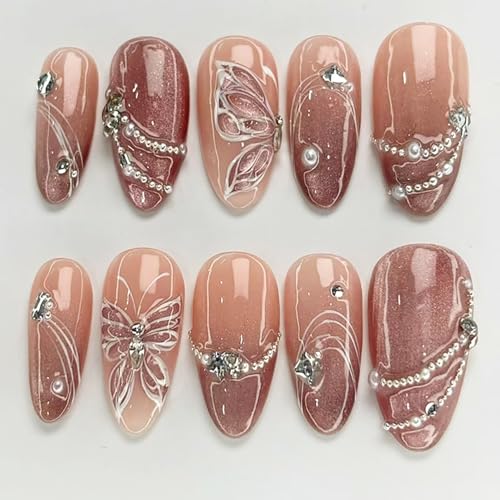 30Pcs Brown Press on Nails Medium Almond Fake Nails with Pearl Rh...