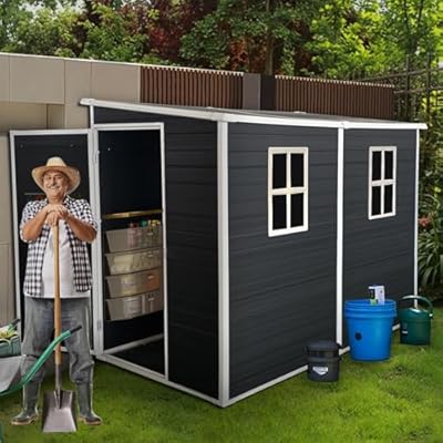 GFDGFD 8×4 ft Outdoor Resin Garden Shed with Floor, Two Windows & Lockable Door – Durable Plastic Patio Storage for Tools, Bikes, Trash Bins – Black