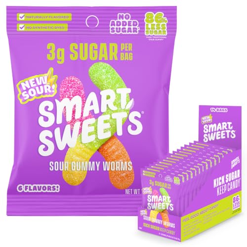 SmartSweets Sour Gummy Worms, Gluten Free Gummies, Healthy Snacks for Adults & Kids, Fun Chewy Candy, Low Calorie, Low Sugar, Fruit Flavored Snack, No Artificial Sweeteners, 50g Bags, 14 Pack