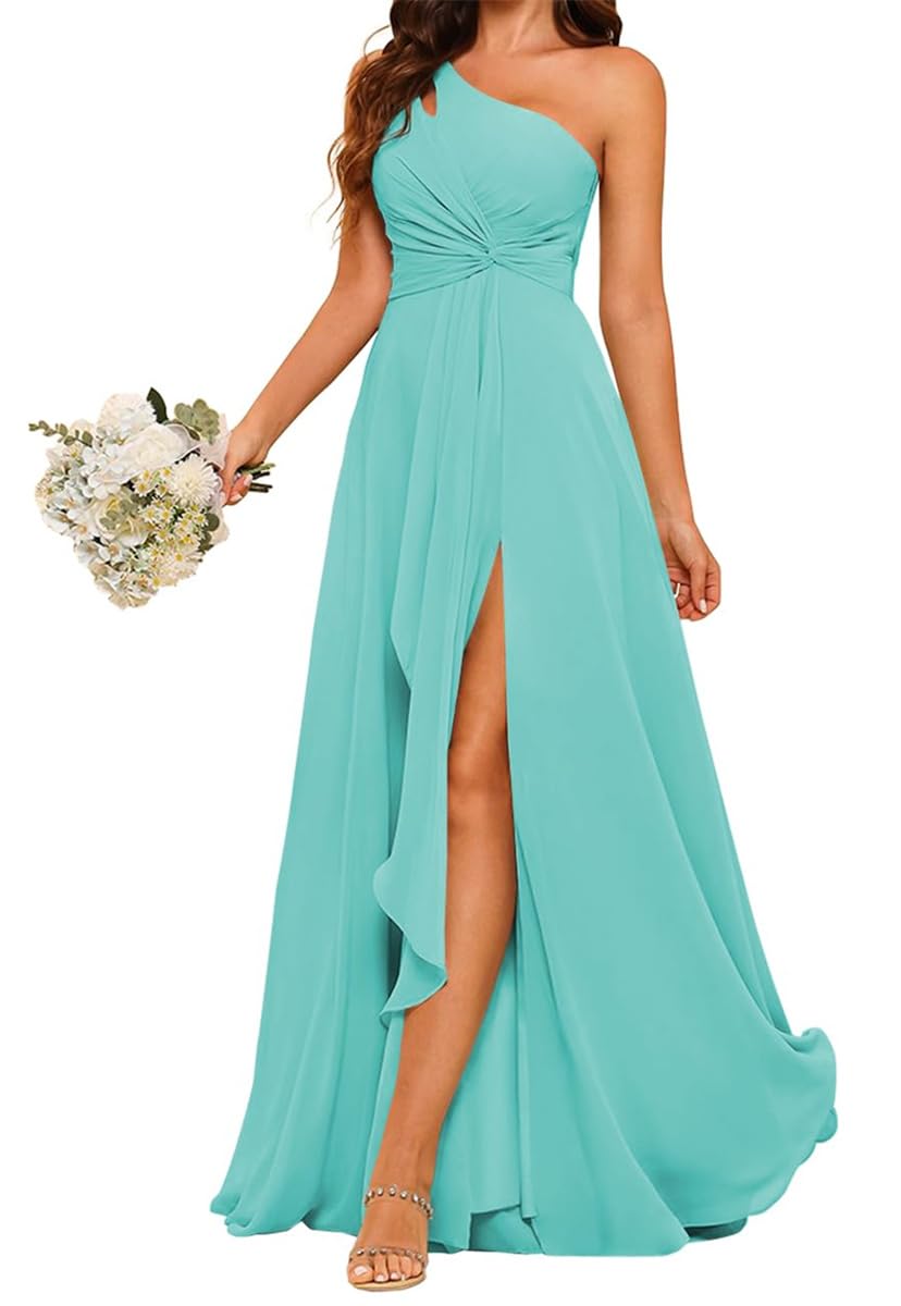 Yiann Women's Turquoise One Shoulder Wedding Guest Dress Bridesmaid Dresses Chiffon Formal Gown For With Slit Uk10