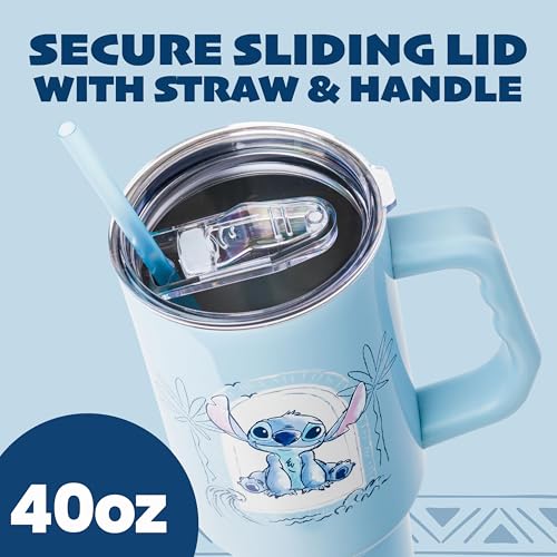 Image of Silver Buffalo Disney Lilo & Stitch Minimalistic Design Ocean & Tropical Stainless Steel Tumbler with Handle and Straw, Fits in Standard Cup Holder, 40 Ounces (Pack of 12)