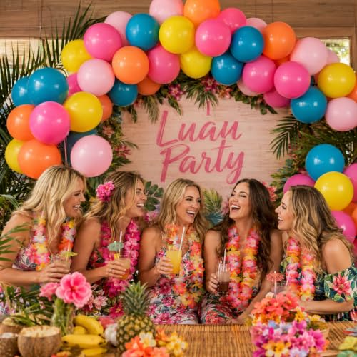 Image of Tropical Balloons, 12 Inch Summer Hawaiian Balloons, Hot Pink Orange Teal Pink Yellow Colorful Latex Balloon Multicolor for Luau Pool Flamingo Aloha Beach Fruit Birthday Back to School Party Decor