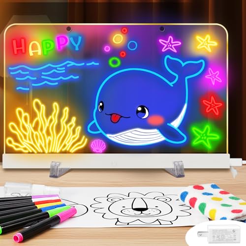 Nuyefo Upgrade LED Drawing Board, Washable Light Up Doodle Board, Acrylic Dry Erase Note Board, led Note Board with Colors, Tracing Pages, with Stand, Markers, Spray Bottle, for Kids Girls Boys Teens