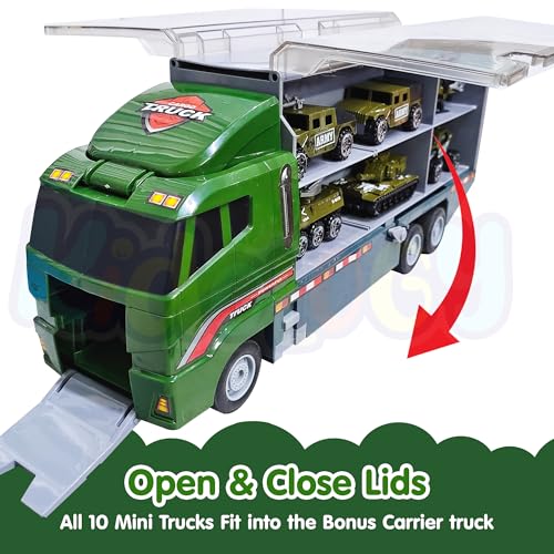 Image of Kidology Military Truck Toy Set 6-in-1 Army Vehicle Transport Truck with Mini Tanks, Helicopter, Combat Cars, and Carrier, Military Toy Vehicles for Boys & Girls, Kids Ages 3+