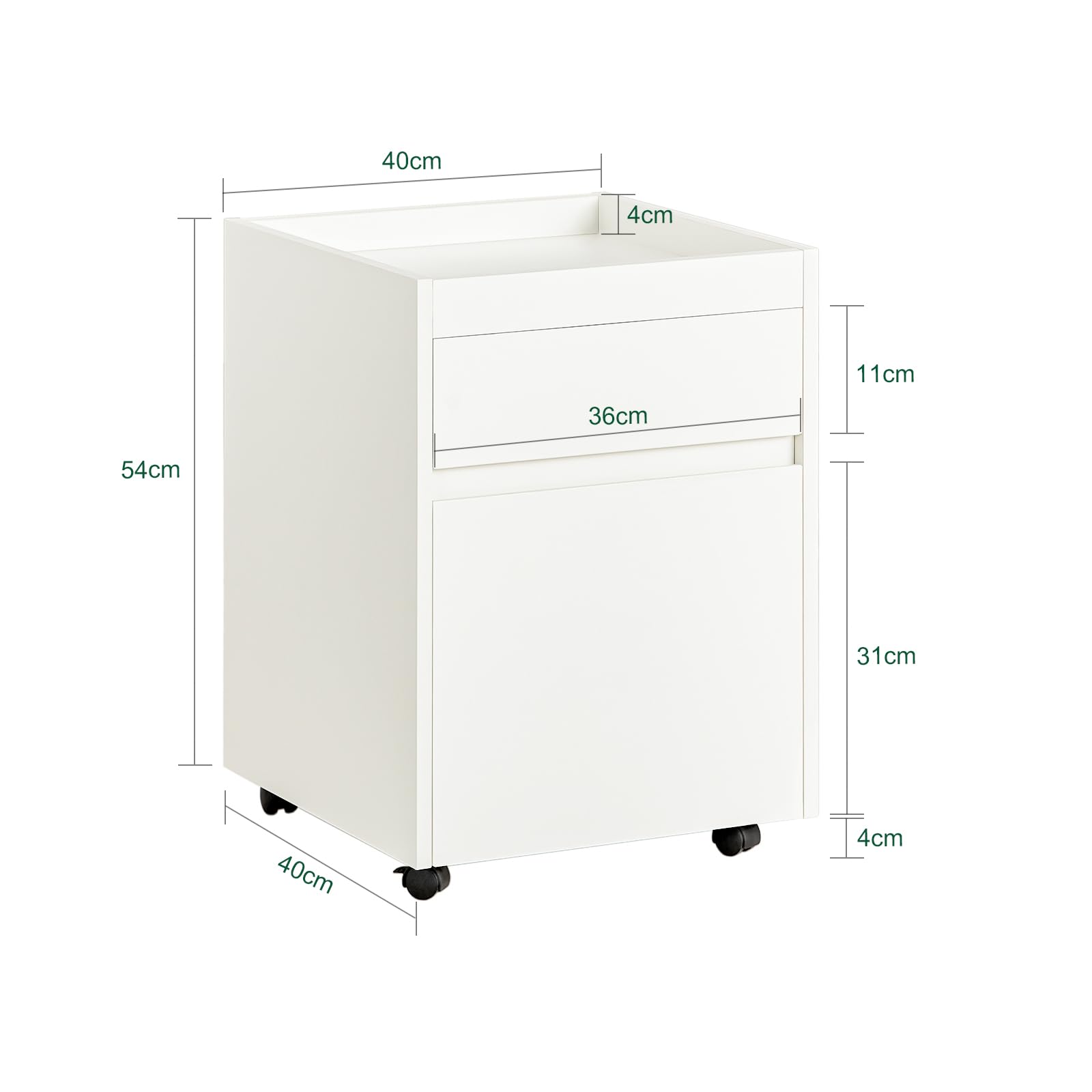 SoBuy Caisson Bureau Mobile, Petit Meuble à Dossier sur roulettes, Meuble de Rangement Mobile, Rangement Document 2 tiroirs, 4 roulettes, Blanc, L40 x P40 x H54 cm, FBT121-W