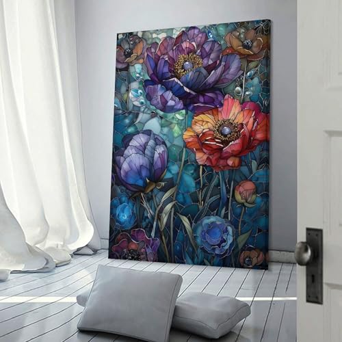 Décorer les murs d'une salle de bain rustique avec ce grand tableau fleurs