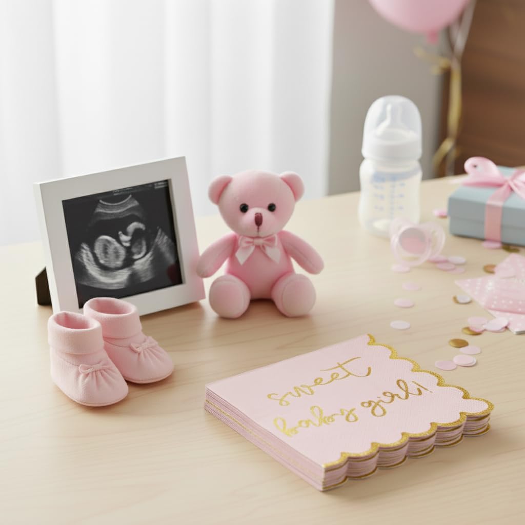 Girl Baby Shower Decorations, Pink and Gold "Sweet Baby Girl" Cocktail Napkins, Gender Reveals, Sprinkles Party Decor, Pregnancy Announcements, Welcome Home, Elegant and Disposable, 50 Pack