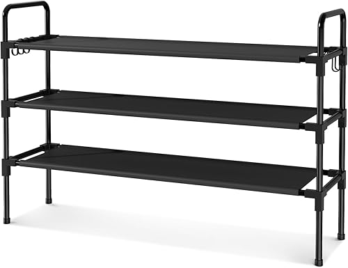 Miniatura 9 de Zapatero de 3 niveles para armario, organizador de zapatos apilable con 5 ganchos, estante largo para zapatos, 16-20 pares para zapatos deportivos,